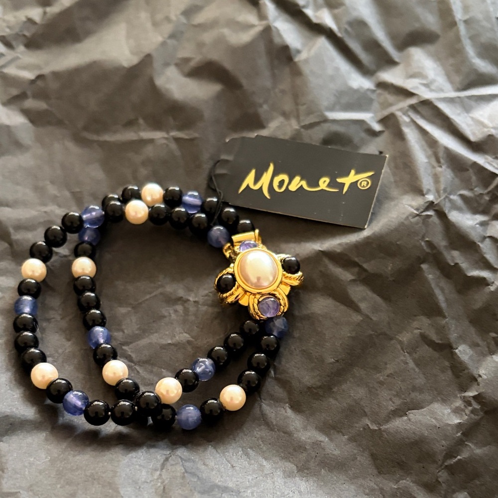 Monet Gold, Black, and Blue Beaded Bracelet